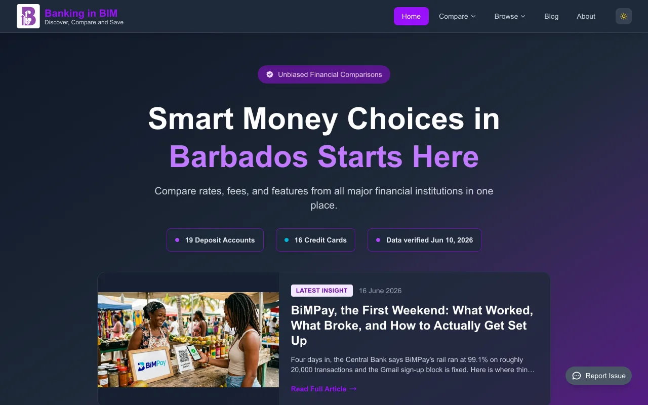 Banking in BIM homepage comparing Barbados financial products
