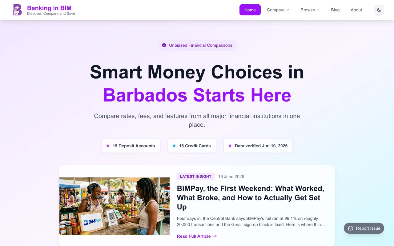 Banking in BIM homepage comparing Barbados financial products
