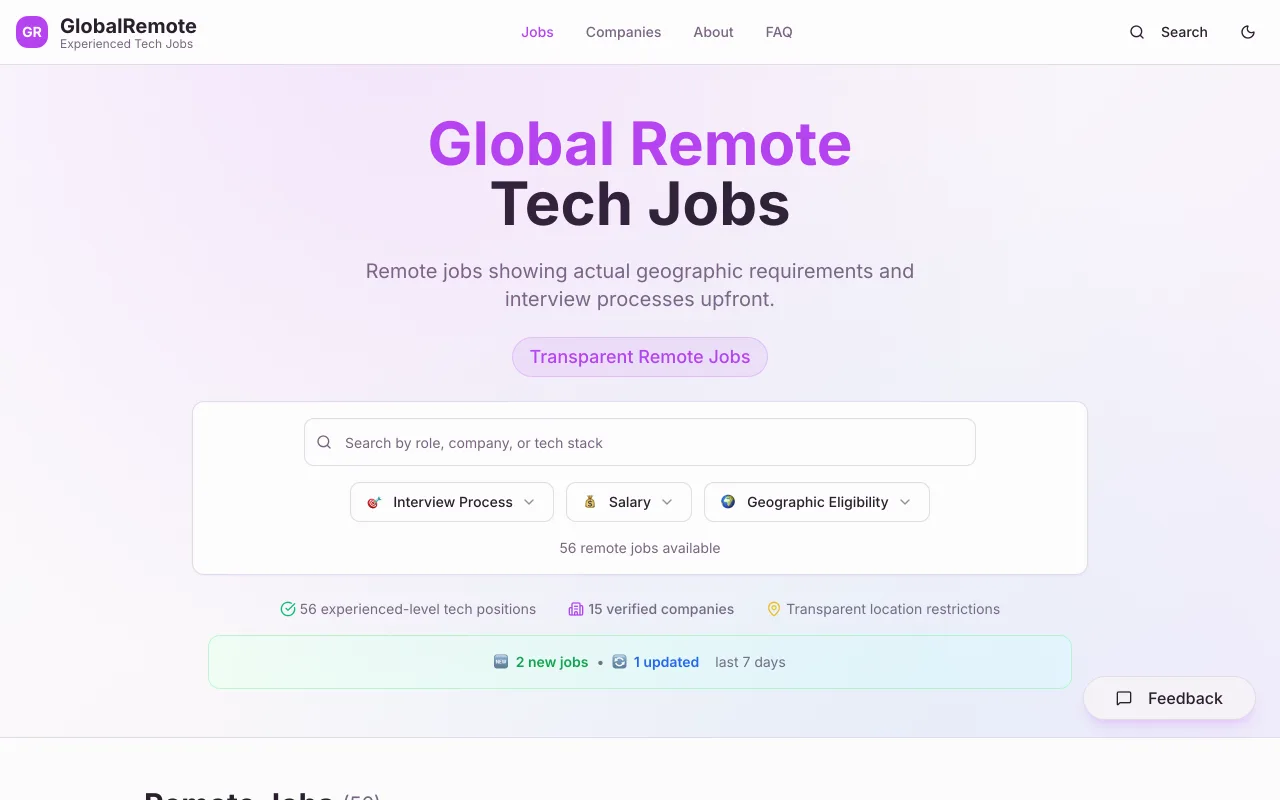 GlobalRemote job board with interview, salary, and geographic filters