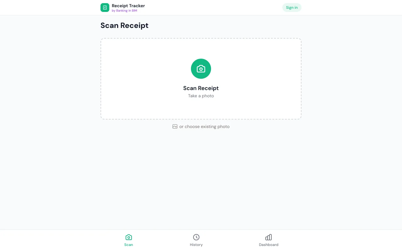 Receipt Tracker app showing the scan-receipt screen